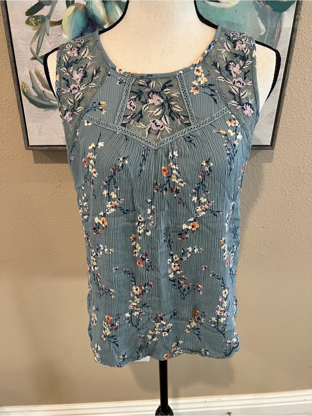 Embroidered Floral Lace-Trim Camisole in Dusty Blue
